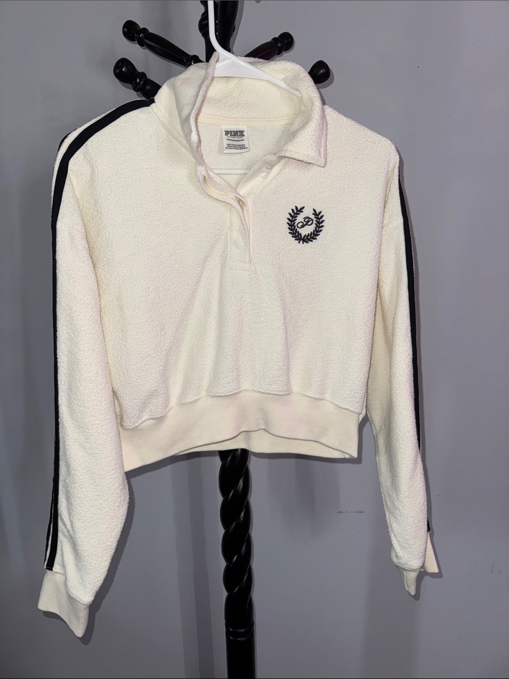PINK Victoria's Secret Cream Cropped Sherpa Pullover with Black Stripes